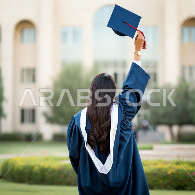 مفهوم الاجتهاد والتفوق، الاحتفال بإنهاء الدراسة الجامعية، الشعور بالفخر والثقة بالنفس، صورة مقربة من الخلف لطالبة عربية خليجية سعودية ترتدي عباءه التخرج تحمل بيدها القبعة