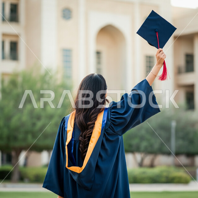 الاحتفال بإنهاء الدراسة الجامعية، مفهوم الاجتهاد والتفوق، الشعور بالفخر والثقة بالنفس، صورة مقربة من الخلف لطالبة عربية خليجية سعودية ترتدي عباءه التخرج تحمل بيدها القبعة