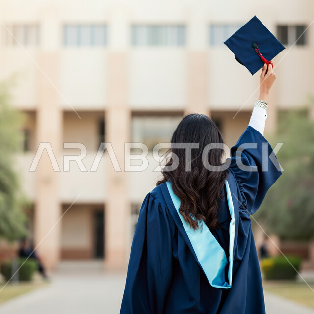الشعور بالفخر والثقة بالنفس، مفهوم الاجتهاد والتفوق، الاحتفال بإنهاء الدراسة الجامعية، صورة مقربة من الخلف لطالبة عربية خليجية سعودية ترتدي عباءه التخرج تحمل بيدها القبعة