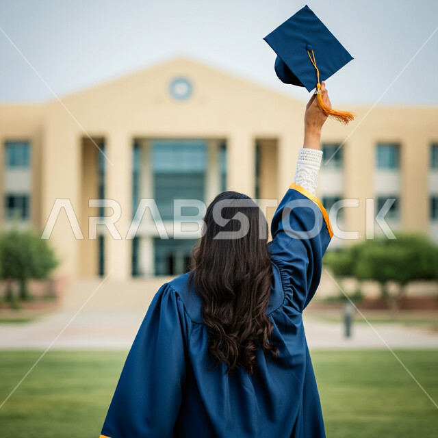 مفهوم الاجتهاد والتفوق، الاحتفال بإنهاء الدراسة الجامعية، الشعور بالفخر والثقة بالنفس، صورة مقربة من الخلف لطالبة عربية خليجية سعودية ترتدي عباءه التخرج تحمل بيدها القبعة