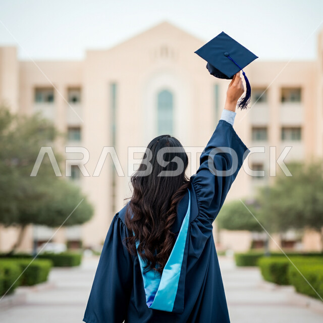 مفهوم الاجتهاد والتفوق، الاحتفال بإنهاء الدراسة الجامعية، الشعور بالفخر والثقة بالنفس، صورة مقربة من الخلف لطالبة عربية خليجية سعودية ترتدي عباءه التخرج تحمل بيدها القبعة