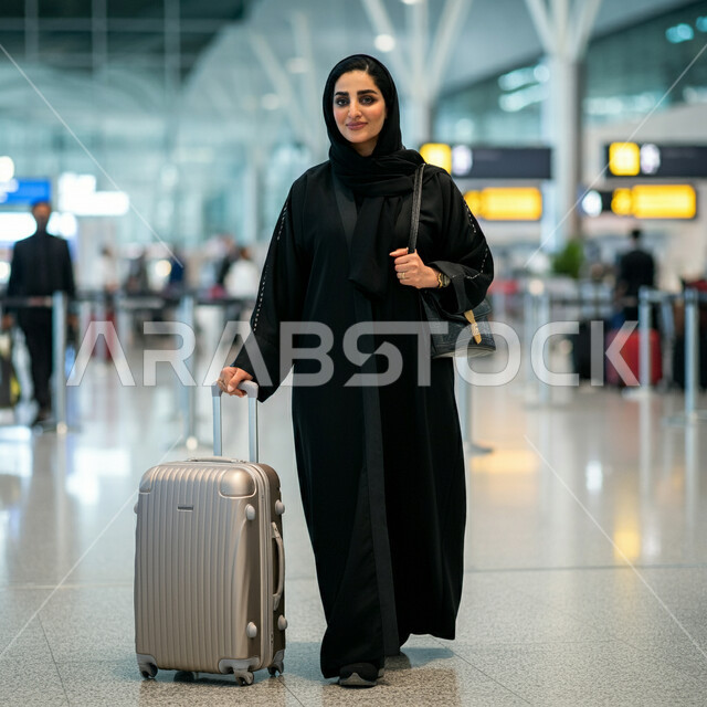 الاستعداد للذهاب وقضاء إجازة صيفية ممتعة، النظر الى الكاميرا بتعابير الفرح والسرور، مفهوم السياحة والسفر والقيام بالجولات الترفيهية, انتظار موعد الطائرة في المطار, امرأة عربية خليجية سعودية ترتدي العباءة السوداء تمسك بيدها حقيبة الامتعة، الجسم الكامل بالطول