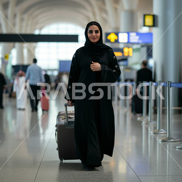 الاستعداد للذهاب وقضاء إجازة صيفية ممتعة، النظر الى الكاميرا بتعابير الفرح والسرور، مفهوم السياحة والسفر والقيام بالجولات الترفيهية, انتظار موعد الطائرة في المطار, امرأة عربية خليجية سعودية ترتدي العباءة السوداء تمسك بيدها حقيبة الامتعة، الجسم الكامل بالطول