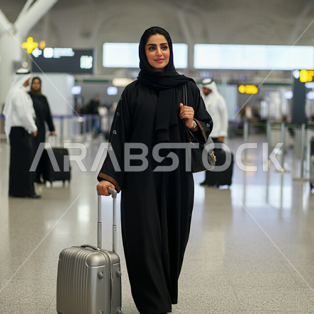 الاستعداد للذهاب وقضاء إجازة صيفية ممتعة، النظر الى الكاميرا بتعابير الفرح والسرور، مفهوم السياحة والسفر والقيام بالجولات الترفيهية, انتظار موعد الطائرة في المطار, امرأة عربية خليجية سعودية ترتدي العباءة السوداء تمسك بيدها حقيبة الامتعة، الجسم الكامل بالطول