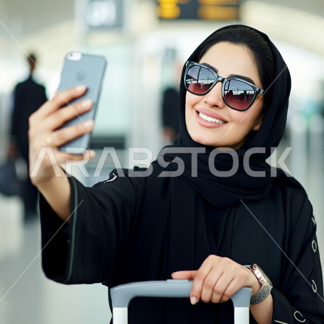 الاستعداد للذهاب وقضاء إجازة صيفية ممتعة، مفهوم السياحة والسفر والقيام بالجولات الترفيهية, صورة مقربة لامرأة عربية خليجية سعودية مبتسمة ترتدي العباءة والنظارات الشمسية تمسك بيدها حقيبة الامتعة تقوم بالتقاط صور سيلفي تذكارية باستخدام الجوال، دمج التقنية في الحياة اليومية