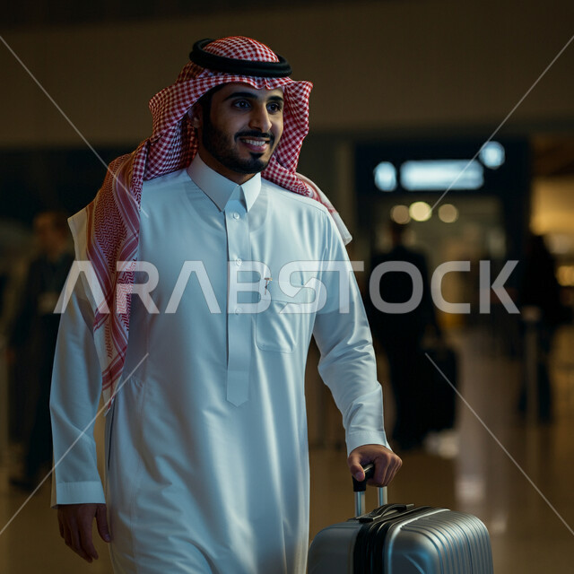 الاستعداد للذهاب في رحلة ترفيهية، رجل عربي خليجي سعودي يرتدي الشماغ والثوب التقليدي يقف في المطار ويمسك بيده حقيبة الأمتعة، قضاء إجازة صيفية ممتعة، مفهوم السياحة والسفر، ايماءات السعادة والسرور