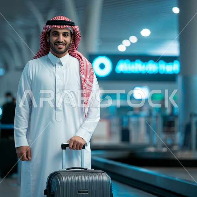 الاستعداد للذهاب في رحلة ترفيهية، رجل عربي خليجي سعودي يرتدي الشماغ والثوب التقليدي يقف في المطار ويمسك بيده حقيبة الأمتعة، قضاء إجازة صيفية ممتعة، مفهوم السياحة والسفر، ايماءات السعادة والسرور