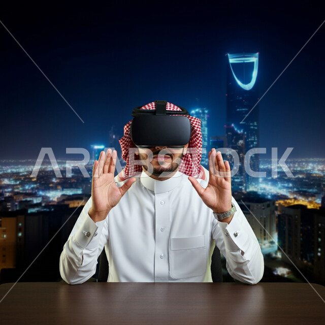 قضاء اوقات ممتعة باستخدام نظارات ثلاثية الابعاد، الاندماج والتفاعل ومحاكاة العالم الخيالي، صورة مقربة لرجل عربي خليجي سعودي يرتدي الثوب التقليدي والشماغ يضع نظارة الواقع الافتراضي، استخدام التقنية والاجهزة الحديثة، خلفية الابراج وناطحات السحاب المضيئة