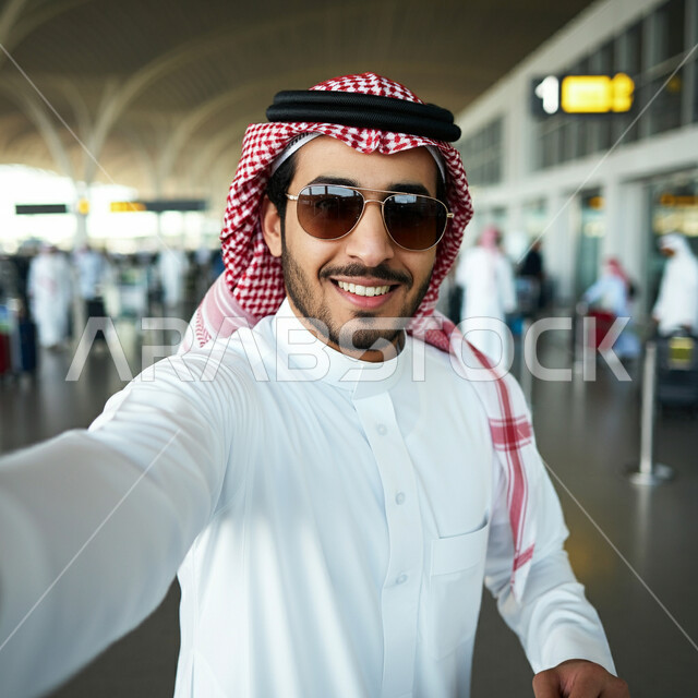 القيام بالجولات الترفيهية, صورة مقربة لرجل عربي خليجي سعودي مبتسم يرتدي الثوب التقليدي والشماغ والنظارات الشمسية يمسك بيده الحقيبة يقوم بالتقاط صور سيلفي تذكارية باستخدام الجوال، دمج التقنية في الحياة اليومية، الاستعداد للذهاب وقضاء إجازة صيفية ممتعة