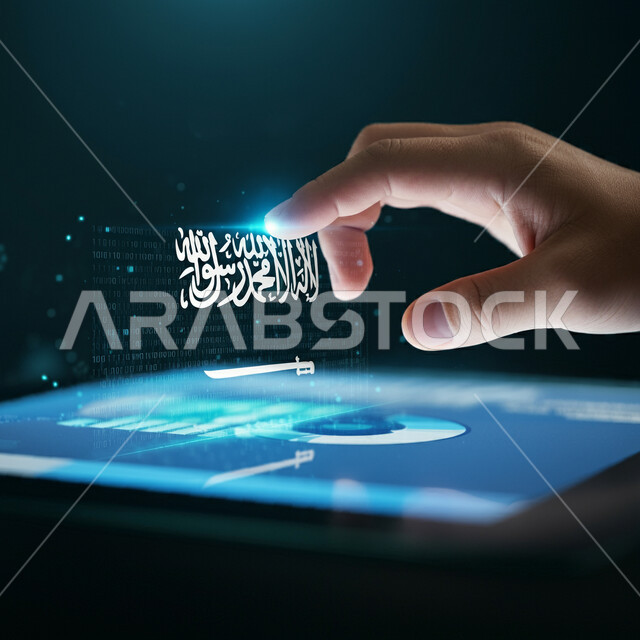 النمو والتقدم التكنولوجي، عرض علم المملكة العربية السعودية على جهاز التابليت، اليوم الوطني السعودي 23 سبتمبر، صورة مقربة ليد رجل عربي سعودي خليجي يقوم بلمس شاشة هولوجرامية مضيئة، استخدام التقنيات الالكترونية الحديثه، يوم العلم السعودي في 11 مارس