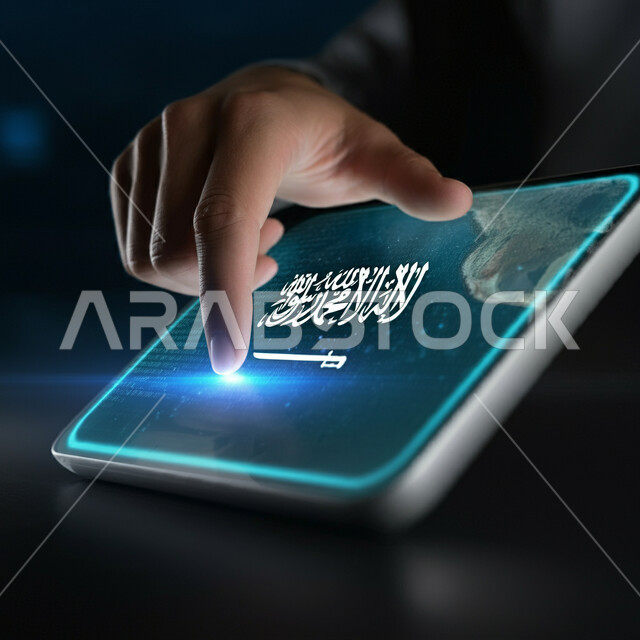 اليوم الوطني السعودي 23 سبتمبر، عرض علم المملكة العربية السعودية على جهاز التابليت، صورة مقربة ليد رجل عربي سعودي خليجي يقوم بلمس شاشة هولوجرامية مضيئة، النمو والتقدم التكنولوجي، استخدام التقنيات الالكترونية الحديثه، يوم العلم السعودي في 11 مارس
