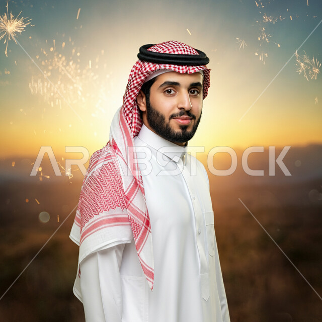 مفهوم الوسامة والرجولة، الشعور بالثقة في النفس، التقاط الصور الشخصية للوثائق الرسمية، الاهتمام بالأناقة والمظهر الخارجي، صورة مقربة لشاب عربي خليجي سعودي مبتسم يرتدي الثوب التقليدي والشماغ ينظر الى الكاميرا بايماءات البشاشة