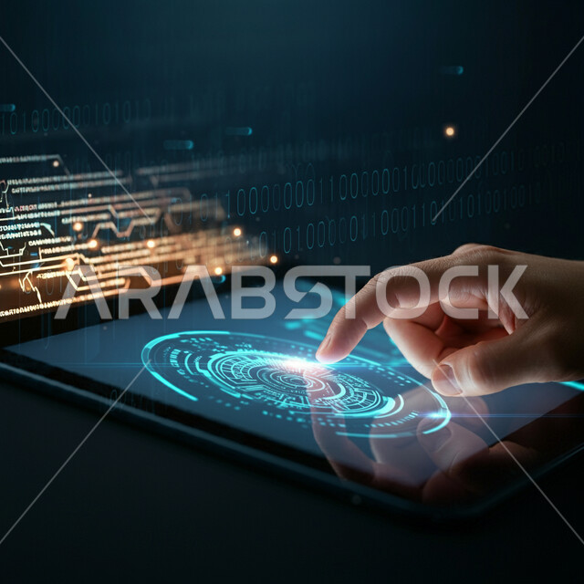 Cybersecurity concept, use of modern electronic technologies, close-up of a Saudi Arabian Gulf man's hand tapping his index finger on a lit electronic screen, 3D hologram elements, symbols and graphics, technological growth and progress