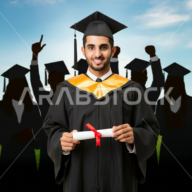 Quality of education in the Kingdom, feeling proud and confident, looking at the camera with gestures of pleasure, celebrating the completion of university studies, the concept of diligence and excellence, a close-up of a Saudi Gulf Arab student wearing an abaya and graduation cap holding a certificate of success in his hand