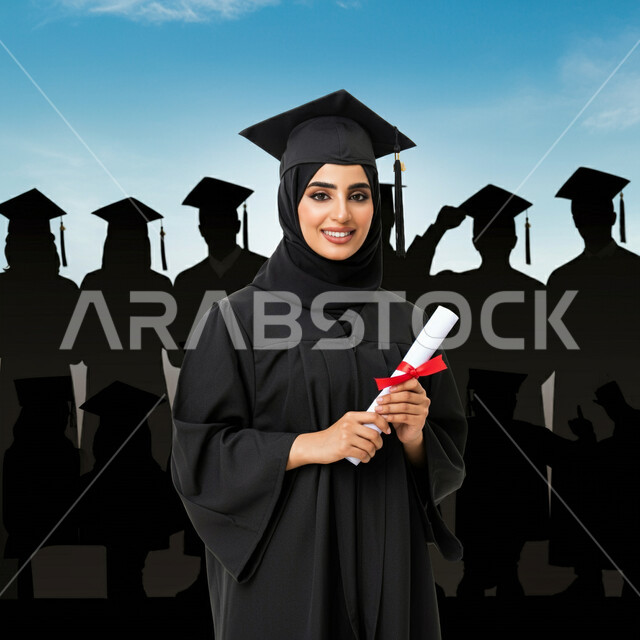 النظر الى الكاميرا بايماءات السرور، جودة التعليم في المملكة، الشعور بالفخر والثقة بالنفس، الاحتفال بإنهاء الدراسة الجامعية، مفهوم الاجتهاد والتفوق، صورة مقربة لطالبة عربية خليجية سعودية محجبة ترتدي عباءه وقبعة التخرج تحمل بيدها شهادة النجاح