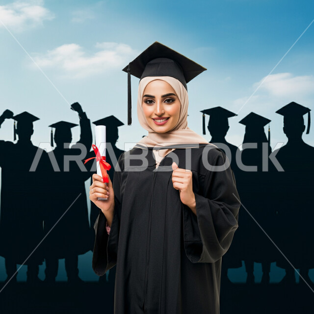 الشعور بالفخر والثقة بالنفس، جودة التعليم في المملكة، النظر الى الكاميرا بايماءات السرور، الاحتفال بإنهاء الدراسة الجامعية، مفهوم الاجتهاد والتفوق، صورة مقربة لطالبة عربية خليجية سعودية محجبة ترتدي عباءه وقبعة التخرج تحمل شهادة النجاح ترفع يدها بتعابير النصر