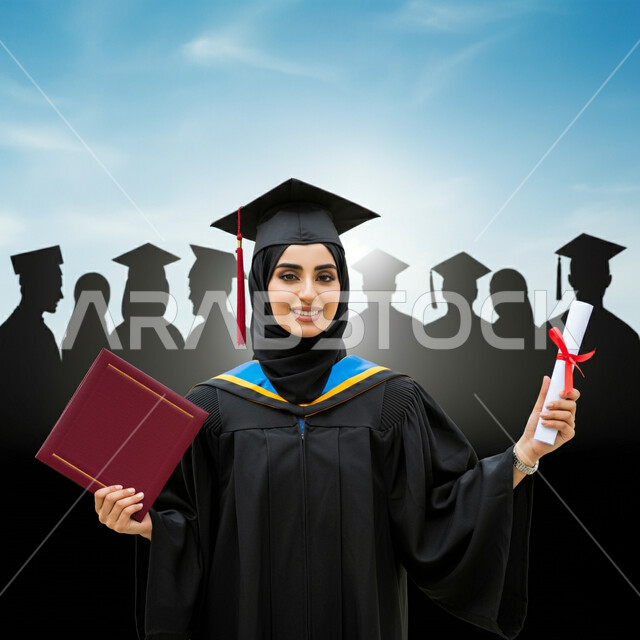 النظر الى الكاميرا بايماءات السرور، جودة التعليم في المملكة، الشعور بالفخر والثقة بالنفس، الاحتفال بإنهاء الدراسة الجامعية، مفهوم الاجتهاد والتفوق، صورة مقربة لطالبة عربية خليجية سعودية محجبة ترتدي عباءه وقبعة التخرج تحمل بيدها شهادة النجاح