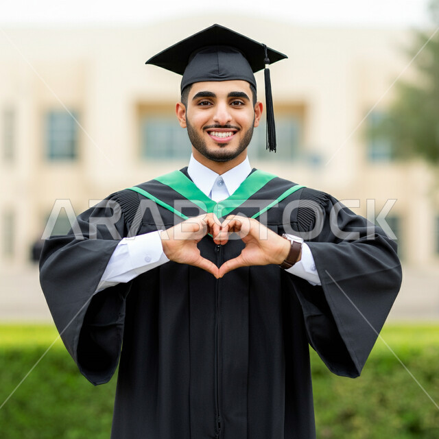 مفهوم الاجتهاد والتفوق، جودة التعليم في المملكة، الاحتفال بإنهاء الدراسة الجامعية، الشعور بالفخر والثقة بالنفس، النظر الى الكاميرا بتعابير السرور، صورة مقربة لطالب عربي خليجي سعودي يرتدي عباءه وقبعة التخرج يرفع يديه على شكل قلب بايماءات الحب والمودة