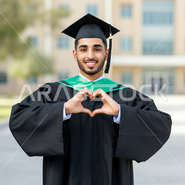 جودة التعليم في المملكة، مفهوم الاجتهاد والتفوق، الاحتفال بإنهاء الدراسة الجامعية، الشعور بالفخر والثقة بالنفس، النظر الى الكاميرا بتعابير السرور، صورة مقربة لطالب عربي خليجي سعودي يرتدي عباءه وقبعة التخرج يرفع يديه على شكل قلب بايماءات الحب والمودة