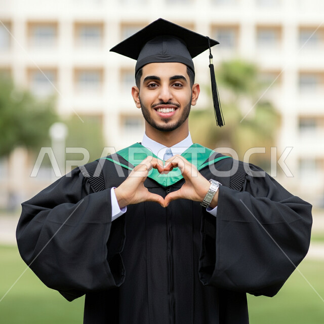 مفهوم الاجتهاد والتفوق، الاحتفال بإنهاء الدراسة الجامعية، الشعور بالفخر والثقة بالنفس، جودة التعليم في المملكة، النظر الى الكاميرا بتعابير السرور، صورة مقربة لطالب عربي خليجي سعودي يرتدي عباءه وقبعة التخرج يرفع يديه على شكل قلب بايماءات الحب والمودة