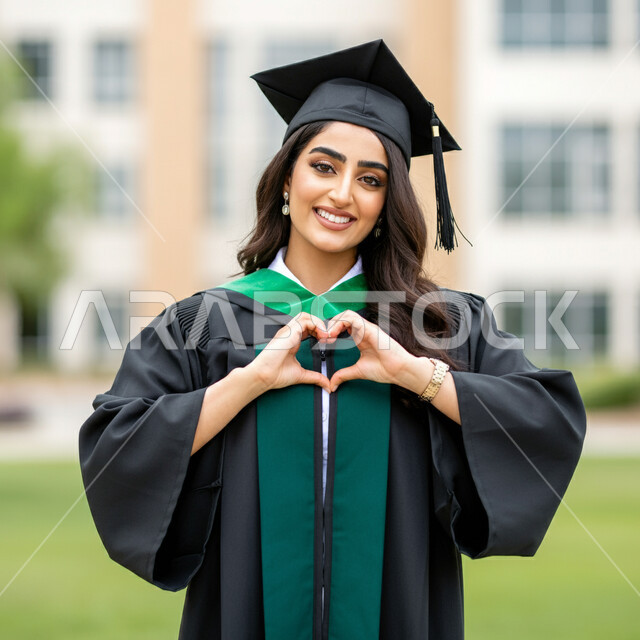 الشعور بالفخر والثقة بالنفس، النظر الى الكاميرا بتعابير السرور، جودة التعليم في المملكة، الاحتفال بإنهاء الدراسة الجامعية، مفهوم الاجتهاد والتفوق، صورة مقربة لطالبة عربية خليجية سعودية ترتدي عباءه وقبعة التخرج ترفع يديها على شكلقلب بايماءات الحب والمودة