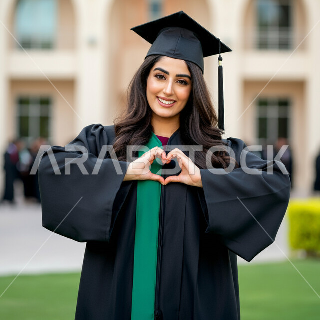 النظر الى الكاميرا بتعابير السرور، جودة التعليم في المملكة، الاحتفال بإنهاء الدراسة الجامعية، الشعور بالفخر والثقة بالنفس، مفهوم الاجتهاد والتفوق، صورة مقربة لطالبة عربية خليجية سعودية محجبة ترتدي عباءه وقبعة التخرج ترفع يديها بايماءات الحب والمودة