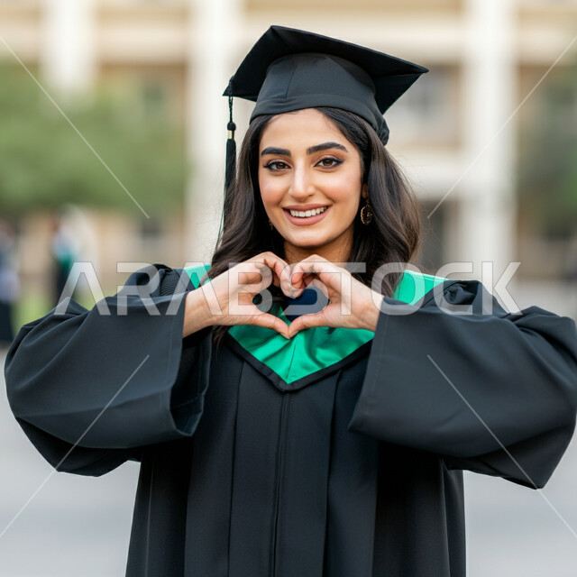 جودة التعليم في المملكة، الاحتفال بإنهاء الدراسة الجامعية، الشعور بالفخر والثقة بالنفس، النظر الى الكاميرا بتعابير السرور، مفهوم الاجتهاد والتفوق، صورة مقربة لطالبة عربية خليجية سعودية ترتدي عباءه وقبعة التخرج ترفع يديها على شكلقلب بايماءات الحب والمودة