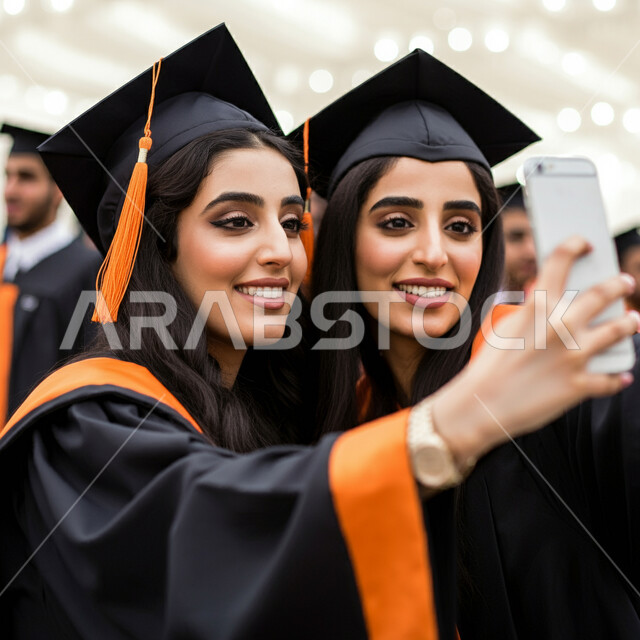 الاحتفاظ بالذكريات السعيدة، الاحتفال بإنهاء الدراسة الجامعية، استخدام التقنيات الحديثة، مفهوم الاجتهاد والتفوق، صورة مقربة لطالبة عربية خليجية سعودية ترتدي عباءه وقبعة التخرج تقوم بالتقاط صورة سيلفي تذكارية برفقة صديقتها