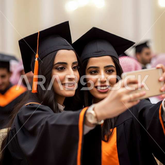الاحتفال بإنهاء الدراسة الجامعية، استخدام التقنيات الحديثة، الاحتفاظ بالذكريات السعيدة، مفهوم الاجتهاد والتفوق، صورة مقربة لطالبة عربية خليجية سعودية ترتدي عباءه وقبعة التخرج تقوم بالتقاط صورة سيلفي تذكارية برفقة صديقتها