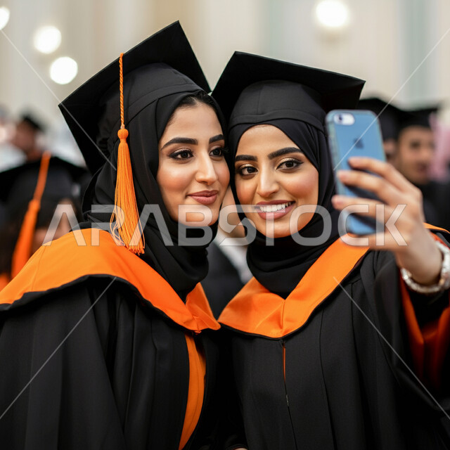 استخدام التقنيات الحديثة، الاحتفاظ بالذكريات السعيدة، الاحتفال بإنهاء الدراسة الجامعية، مفهوم الاجتهاد والتفوق، صورة مقربة لطالبة عربية خليجية سعودية محجبة ترتدي عباءه وقبعة التخرج تقوم بالتقاط صورة سيلفي تذكارية برفقة صديقتها