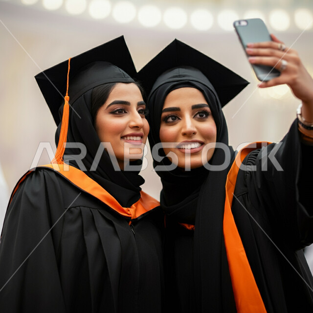 الاحتفال بإنهاء الدراسة الجامعية، استخدام التقنيات الحديثة، الاحتفاظ بالذكريات السعيدة، مفهوم الاجتهاد والتفوق، صورة مقربة لطالبة عربية خليجية سعودية ترتدي عباءه وقبعة التخرج تقوم بالتقاط صورة سيلفي تذكارية برفقة صديقتها