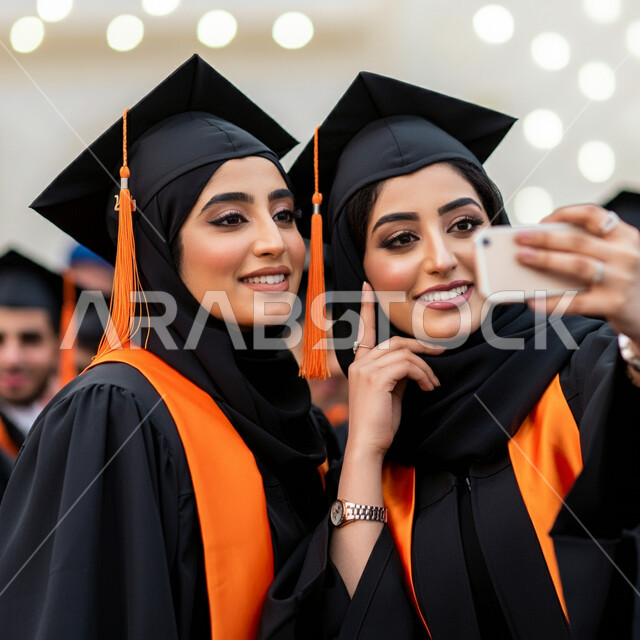 الاحتفاظ بالذكريات السعيدة، الاحتفال بإنهاء الدراسة الجامعية، استخدام التقنيات الحديثة، مفهوم الاجتهاد والتفوق، صورة مقربة لطالبة عربية خليجية سعودية ترتدي عباءه وقبعة التخرج تقوم بالتقاط صورة سيلفي تذكارية برفقة صديقتها