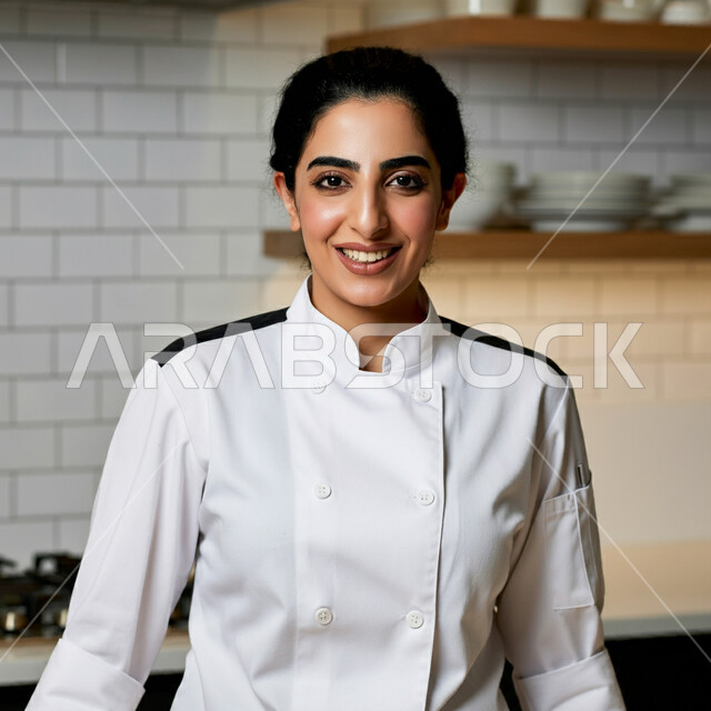 Professional cooking, the art of preparing and presenting various dishes, a close-up image of a Saudi Arabian Gulf woman wearing a chef's uniform working in the kitchen, looking at the camera with expressions of happiness and pleasure, working in the kitchens and restaurants of the Kingdom of Saudi Arabia
