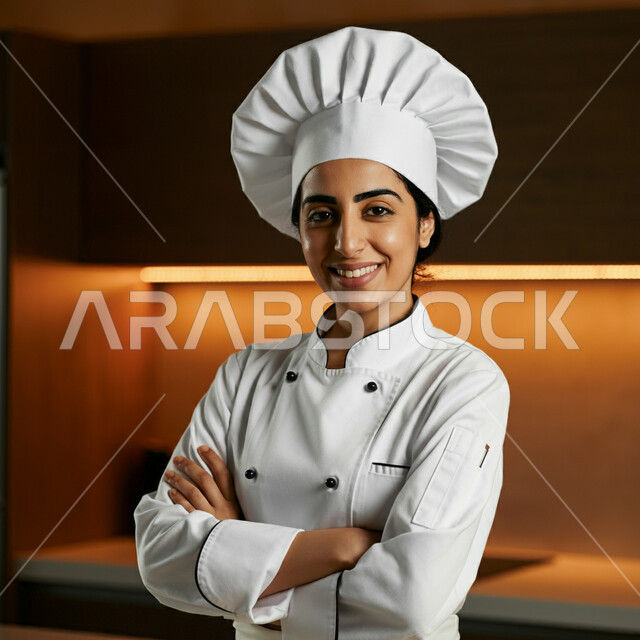 النظر إلى الكاميرا بتعابير الثقة بالنفس، احتراف مهنة الطبخ، فنون إعداد وتقديم الأصناف المتنوعة، صورة مقربة لامرأة عربية خليجية سعودية ترتدي زي الطهاة تقف بايدي متقاطعة تعمل في المطبخ، العمل في مطابخ ومطاعم المملكة العربية السعودية