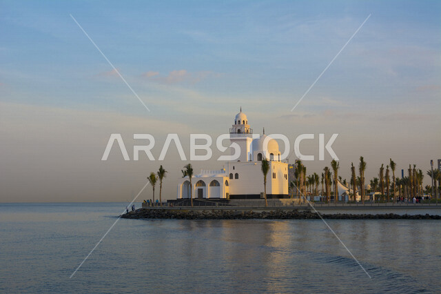 Al-Rahma Mosque floating on the sea, landmarks of Jeddah in Saudi Arabia, tourist attractions, landscapes, beauty of Saudi Arabia
