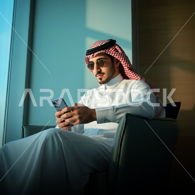 Using modern technology devices in daily life, chatting with family and friends, a young Saudi Arabian Gulf man wearing traditional thobe and shemagh sitting on the couch holding a mobile phone in his hand, browsing social media