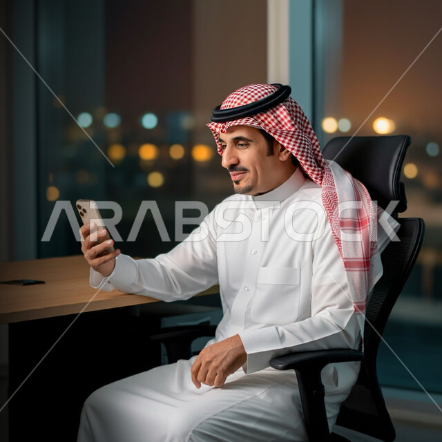 إجراء مكالمة فيديو عبر الجوال, القيام بمقابلات العمل عن بعد, استخدام الأجهزة التقنية الحديثة في الحياة اليومية, رجل عربي خليجي سعودي يرتدي الثوب التقليدي والشماغ يجلس على الكرسي دخال الشركة ويمسك بيده الهاتف المحمول