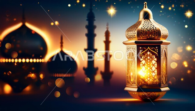 الاستعداد لاستقبال رمضان المبارك، الأجواء الرمضانية الروحانية، زينة وأنوار الشهر الفضيل، اكسسوارات وتحف تقليدية، الاحتفال بالأعياد والمناسبات الدينية، فانوس معدني مزخرف مضيء، خلفية قبب ومآذن المساجد
