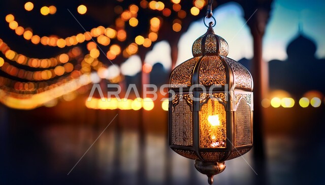 Ornate metal lantern hanging in the corridor of a mosque, celebrating religious holidays and occasions, traditional antiques and accessories, decorations and lights of the holy month, spiritual Ramadan atmosphere, preparing to welcome the holy month