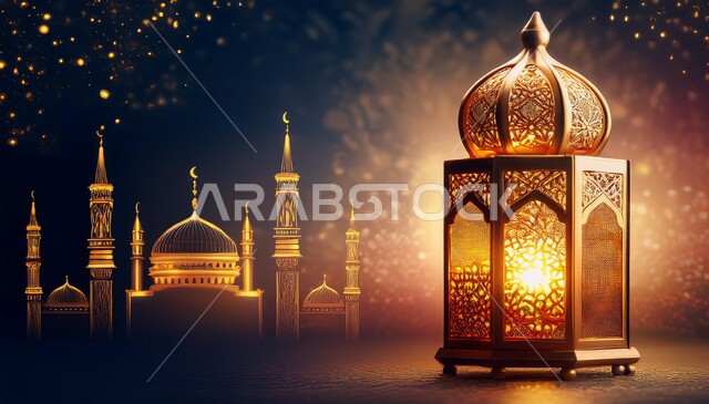 الأجواء الرمضانية الروحانية، زينة وأنوار الشهر الفضيل، اكسسوارات وتحف تقليدية، الاحتفال بالأعياد والمناسبات الدينية، فانوس معدني مزخرف مضيء، الاستعداد لاستقبال رمضان المبارك، خلفية قبب ومآذن المساجد