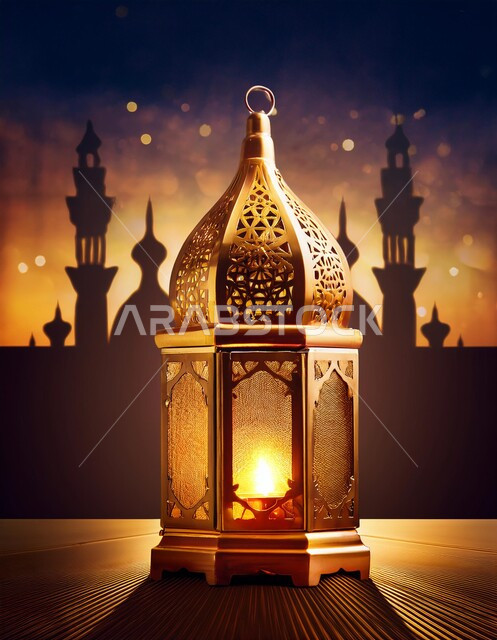 تحف واكسسوارات تقليدية، الاحتفال بالأعياد والمناسبات الدينية، فانوس معدني مزخرف مضيء، زينة وأنوار الشهر الفضيل، الأجواء الرمضانية الروحانية، الاستعداد لاستقبال رمضان المبارك، خلفية قبب ومآذن المساجد