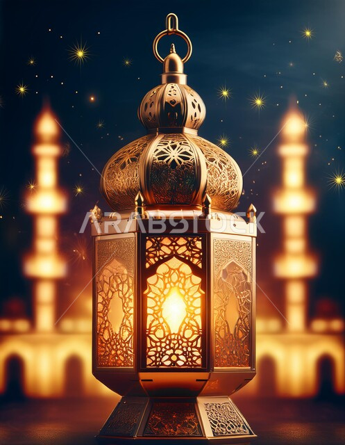 الاحتفال بالأعياد والمناسبات الدينية، فانوس معدني مزخرف مضيء، تحف واكسسوارات تقليدية، زينة وأنوار الشهر الفضيل، الأجواء الرمضانية الروحانية، الاستعداد لاستقبال رمضان المبارك، خلفية قبب ومآذن المساجد