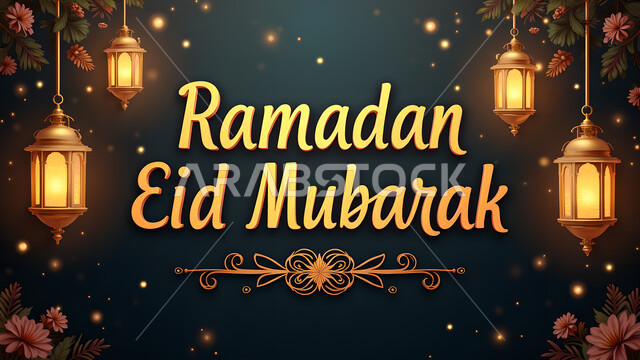 مخطوطة عيد مبارك باللغة الإنجليزية, قالب تصميم للتهنئة بقدوم العيد, الاحتفال بالمناسبات الدينية الإسلامية, زينة واكسسوارات وديكورات عربية شعبية, فوانيس تقليدية معدنية مزخرفة مضيئة