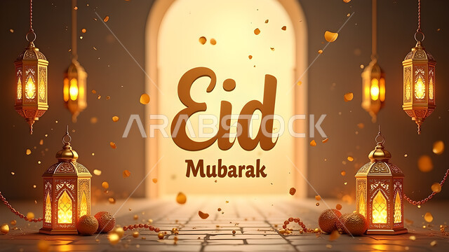 Eid greeting design template, Islamic religious celebration, popular Arabic decorations, traditional decorative metal lanterns with lights, Eid Mubarak calligraphy in English