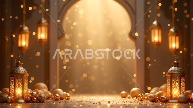 Celebrating Islamic religious occasions, the joy of the coming of the holy month of Ramadan, decorations, accessories and decorations for the month of goodness, traditional decorative metal lanterns with lights, the spiritual atmosphere of Ramadan in the Kingdom of Saudi Arabia