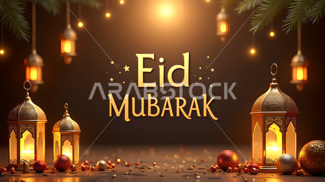 مخطوطة عيد مبارك باللغة الإنجليزية, قالب تصميم للتهنئة بقدوم العيد, الاحتفال بالمناسبات الدينية الإسلامية, زينة واكسسوارات وديكورات عربية شعبية, فوانيس تقليدية معدنية مزخرفة مضيئة