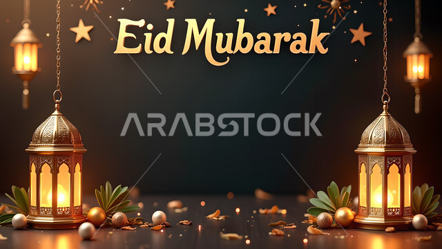 مخطوطة عيد مبارك باللغة الإنجليزية, قالب تصميم للتهنئة بقدوم العيد, الاحتفال بالمناسبات الدينية الإسلامية, زينة واكسسوارات وديكورات عربية شعبية, فوانيس تقليدية معدنية مزخرفة مضيئة