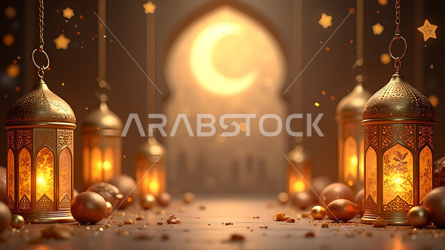 Decorations, accessories and ornaments for the month of goodness, traditional decorative metal lanterns with lights, the spiritual atmosphere of Ramadan in the Kingdom of Saudi Arabia, celebrating Islamic religious occasions, the joy of the arrival of the blessed Ramadan