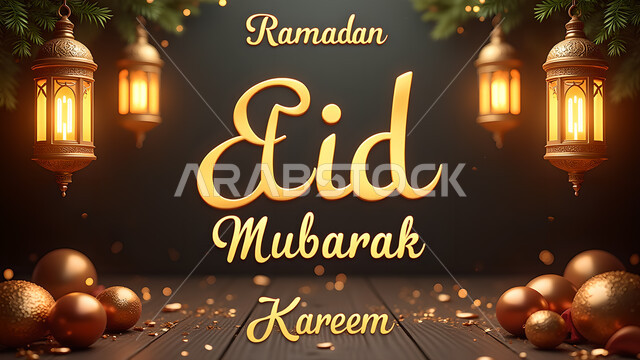 قالب تصميم للتهنئة بقدوم العيد, الاحتفال بالمناسبات الدينية الإسلامية, زينة واكسسوارات وديكورات عربية شعبية, فوانيس تقليدية معدنية مزخرفة مضيئة,  مخطوطة عيد مبارك باللغة الإنجليزية