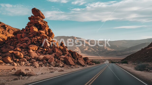 التشكيلات والتكوينات والكثبان الرملية والصخرية, الطرق والشوارع المعبدة السريعة, الاهتمام بتهيئة البنية التحتية في المملكة العربية السعودية, طريق اسفلتي وسط الصحراء